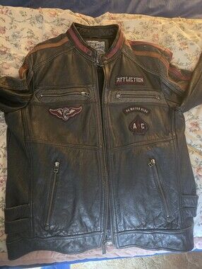 Affliction Black Leather Bomber Jacket with Orange and Burgundy Accents